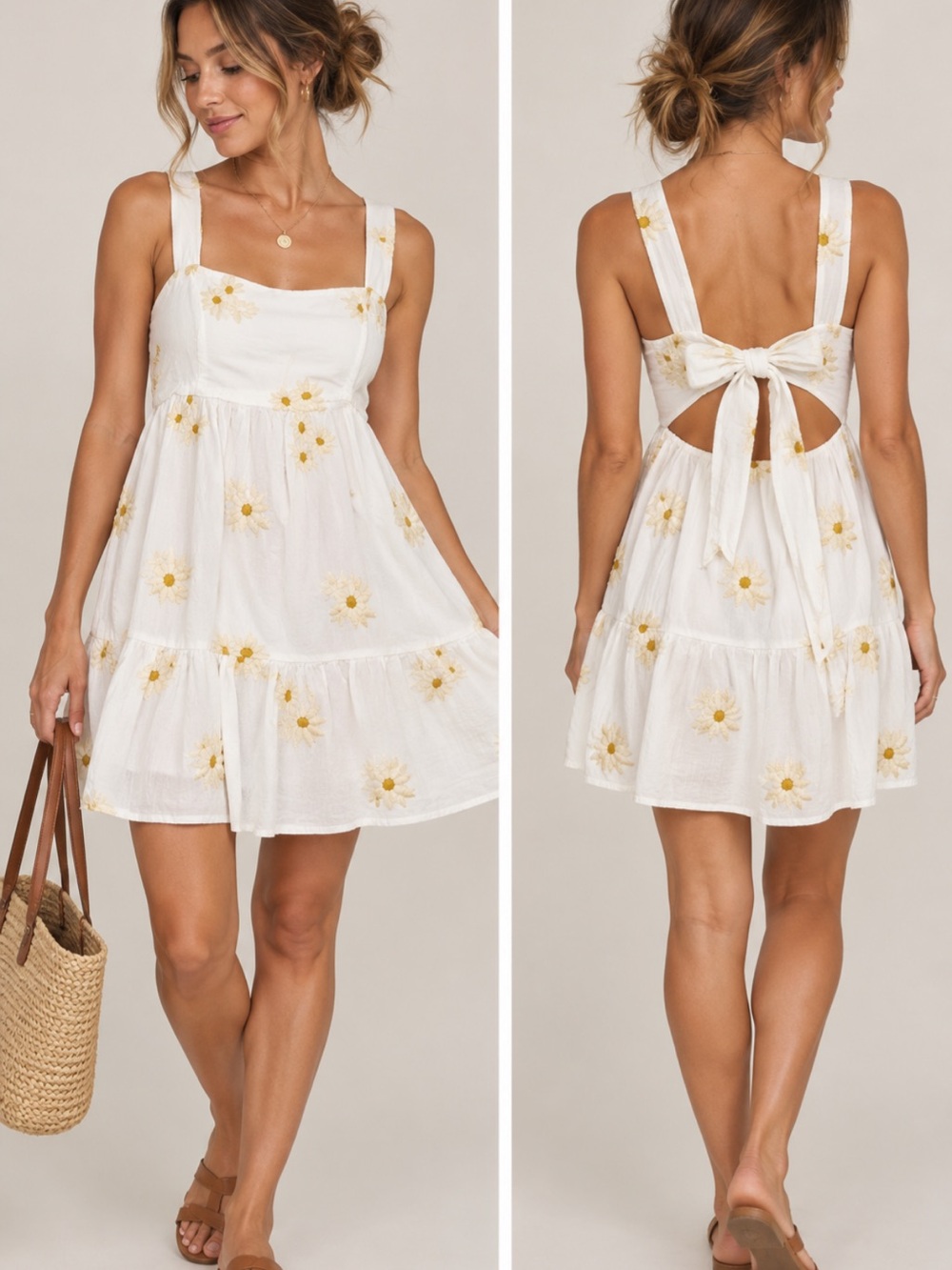 Urban Outfitters UO White Daisy Embroidered Tie Back Mini Dress Size Medium